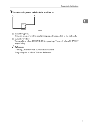 Page 15Connecting to the Interfaces
7
1
ETurn the main power switch of the machine on.
AIndicator (green)
Remains green when the machine is properly connected to the network.
BIndicator (yellow)
Turns yellow when 100 BASE-TX is operating. Turns off when 10 BASE-T
is operating.
Reference
Turning On the Power About This Machine
Preparing the Machine Printer Reference
AMM008S
Downloaded From ManualsPrinter.com Manuals 