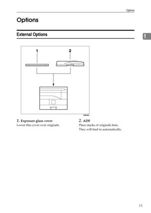 Page 17Options
11
1 OptionsExternal Options
1.Exposure glass cover
Lower this cover over originals.
2.ADF
Place stacks of originals here.
They will feed in automatically.
Downloaded From ManualsPrinter.com Manuals 