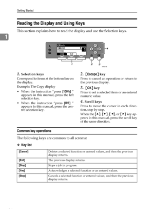 Page 20Getting Started
14
1
Reading the Display and Using Keys
This section explains how to read the display and use the Selection keys.
1.Selection keys
Correspond to items at the bottom line on
the display.
Example: The Copy display
 When the instruction “press [100%] ”
appears in this manual, press the left
selection key.
 When the instruction “press [R/E] ”
appears in this manual, press the cen-
tre selection key.
2. {Escape} key
Press to cancel an operation or return to
the previous display.
3. {OK} key...