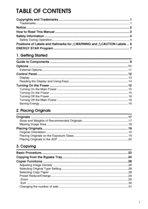 Page 3i
TABLE OF CONTENTS
Copyrights and Trademarks ................................................................................. 1
Trademarks ................................................................................................................ 1
Notice ...................................................................................................................... 2
How to Read This Manual ..................................................................................... 3
Safety...