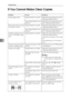 Page 56Troubleshooting
50
5If You Cannot Make Clear Copies
Problem Causes Solutions
Copies appear dirty. Image density is too dark. Adjust the image density. See p.28 
“Adjusting Image Density”. 
 Auto Image Density is not 
selected.Adjust the auto image density. See 
p.28 “Adjusting Image Density”. 
The reverse side of an orig-
inal image is copied.Image density is too dark. Adjust the image density. See p.28 
“Adjusting Image Density”. 
 Auto Image Density is not 
selected.Adjust the auto image density. See...