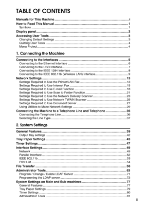 Page 5iii
TABLE OF CONTENTS
Manuals for This Machine ...................................................................................... i
How to Read This Manual ..................................................................................... 1
Symbols ..................................................................................................................... 1
Display panel .......................................................................................................... 2
Accessing...