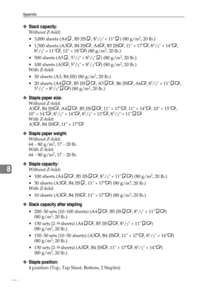 Page 242Appendix
234
8
❖Stack capacity:
Without Z-fold: 
 3,000 sheets (A4K, B5 JISK, 8
1/2 × 11K) (80 g/m2, 20 lb.)
 1,500 sheets (A3L, B4 JISL, A4L, B5 JISL, 11 × 17L, 8
1/2 × 14L, 
81/2 × 11L, 12 × 18L) (80 g/m2, 20 lb.)
 500 sheets (A5K, 5
1/2 × 81/2K) (80 g/m2, 20 lb.)
 100 sheets (A5L, 5
1/2 × 81/2L) (80 g/m2, 20 lb.)
With Z-fold: 
 30 sheets (A3, B4 JIS) (80 g/m
2, 20 lb.)
 20 sheets (A4KL, B5 JISKL, A5KL, B6 JISL, A6L, 8
1/2 × 11KL, 
51/2 × 81/2KL) (80 g/m2, 20 lb.)
❖Staple paper size:
Without...