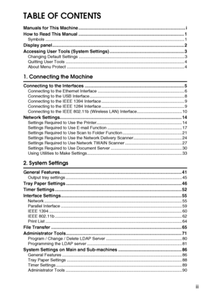 Page 5iii
TABLE OF CONTENTS
Manuals for This Machine ...................................................................................... i
How to Read This Manual ..................................................................................... 1
Symbols ..................................................................................................................... 1
Display panel .......................................................................................................... 2
Accessing...