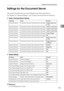 Page 115Settings for the Document Server
105
3 Settings for the Document Server
This section describes the user tool settings for the Document Server.
For details, see “System Settings”, and “Copier/Document Server Features”.
❖Copier / Document Server Features
❖System Settings
Reference
p.3 “Accessing User Tools”
Heading items Default
General Features Customize Function: Document Server Storage2 Sided Orig. Top 
to Top
General Features Customize Function: Document Server Storage
1 sided→Comb 2 orig
General...