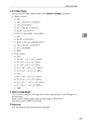 Page 113Reproduction Ratio
105
3
❖R / E Ratio Priority
You can set the ratio with priority when [Reduce / Enlarge] is pressed.
Metric version
 25%
A3 → A5, 8×13 → A5 (50%)
A3 → 8×13 (65%)
A3 → A4, A4 → A5 (71%)
B4 JIS → 8×13 (75%)
8×13 → A4, B4 JIS → 8×13 (82%)
 93%
B4 JIS → A3 (115%)
8×13 → A3, A4 → B4 JIS (122%)
A4 → A3, A5 → A4 (141%)
A5 → A3 (200%)
 400%
Inch version
 25%
 11”×17” → 5
1/2”×81/2” (50%)
 11”×17” → 8
1/2”×11” (65%)
 11”×15” → 8
1/2”×11” (73%)
8
1/2”×14” → 81/2”×11” (78%)
8...
