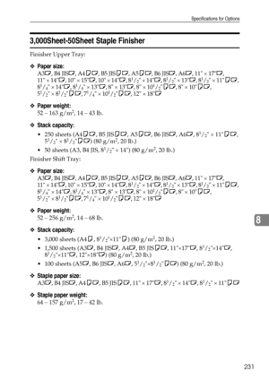 Page 239Specifications for Options
231
8
3,000Sheet-50Sheet Staple Finisher
Finisher Upper Tray: 
❖Paper size:
A3L, B4 JISL, A4KL, B5 JISKL, A5KL, B6 JISL, A6L, 11 × 17L, 
11 × 14L, 10 × 15L, 10 × 14L, 81/2 × 14L, 81/2 × 13L, 81/2 × 11KL, 
81/4 × 14L, 81/4 × 13L, 8 × 13L, 8 × 101/2KL, 8 × 10KL, 
51/2 × 81/2KL, 71/4 × 101/2KL, 12 × 18L
❖Paper weight:
52 – 163 g/m2, 14 – 43 lb.
❖Stack capacity:
 250 sheets (A4KL, B5 JISKL, A5KL, B6 JISL, A6L, 81/2 × 11KL, 
51/2 × 81/2KL) (80 g/m2, 20 lb.)
 50 sheets (A3, B4 JIS,...