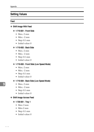 Page 250Appendix
242
9
Setting Values
Feed
❖Shift Image With Feed
❖1-710-001 : Front Side
 Max.: 2 mm
 Min.: -2 mm
Step: 0.1 mm
Initial value: 0
❖1-710-002 : Back Side
 Max.: 2 mm
 Min.: -2 mm
Step: 0.1 mm
Initial value: 0
❖1-710-003 : Front Side (Low Speed Mode)
 Max.: 2 mm
 Min.: -2 mm
Step: 0.1 mm
Initial value: 0
❖1-710-004 : Back Side (Low Speed Mode)
 Max.: 2 mm
 Min.: -2 mm
Step: 0.1 mm
Initial value: 0
❖Shift Image Across Feed
❖1-720-001 : Tray 1
Max: 2 mm
Min:-2 mm
Step: 0.1 mm...