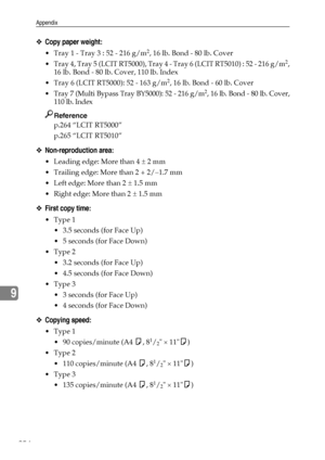 Page 262Appendix
254
9
❖Copy paper weight:
 Tray 1 - Tray 3 : 52 - 216 g/m2, 16 lb. Bond - 80 lb. Cover
 Tray 4, Tray 5 (LCIT RT5000), Tray 4 - Tray 6 (LCIT RT5010) : 52 - 216 g/m
2,
16 lb. Bond - 80 lb. Cover, 110 lb. Index
 Tray 6 (LCIT RT5000): 52 - 163 g/m
2, 16 lb. Bond - 60 lb. Cover
 Tray 7 (Multi Bypass Tray BY5000): 52 - 216 g/m
2, 16 lb. Bond - 80 lb. Cover,
110 lb. Index
Reference
p.264 “LCIT RT5000”
p.265 “LCIT RT5010”
❖Non-reproduction area:
 Leading edge: More than 4 ± 2 mm
 Trailing edge:...