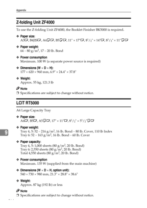 Page 272Appendix
264
9
Z-folding Unit ZF4000
To use the Z-folding Unit ZF4000, the Booklet Finisher BK5000 is required.
❖Paper size:
A3L, B4JISL, A4KL, B5KL, 11 × 17L, 81/2 × 14L, 81/2 × 11KL
❖Paper weight:
64 – 80 g/m2, 17 – 20 lb. Bond
❖Power consumption
Maximum. 100 W (a separate power source is required)
❖Dimensions (W × D × H):
177 × 620 × 960 mm, 6.9 × 24.4 × 37.8
❖Weight:
Approx. 55 kg, 121.3 lb
Note
❒Specifications are subject to change without notice.
LCIT RT5000
A4 Large Capacity Tray
❖Paper size:
A4L,...