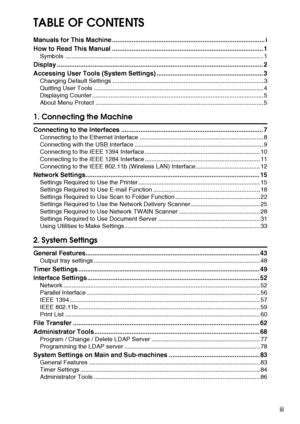 Page 5iii
TABLE OF CONTENTS
Manuals for This Machine ...................................................................................... i
How to Read This Manual ..................................................................................... 1
Symbols ..................................................................................................................... 1
Display .................................................................................................................... 2...