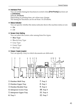 Page 53General Features
45
2
❖Interleave Print
You can set the timing for functions to switch when [Print Priority] has been set
to [Interleave].
Default: 10 sheets
Depending on printing time, set values may change.
The timing for functions can be set from 1 to 20 sheets.
❖Status Indicator
You can specify whether the status indicator shows the machine status or not.
On
Off
❖Screen Color Setting
You can select the screen color among from five types.
Blue Type
Blue & Gray Type
Gray Type
Green Type
Red...