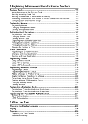 Page 7v
7. Registering Addresses and Users for Scanner Functions
Address Book..................................................................................................... 179
Managing names in the Address Book .................................................................. 182
Sending e-mail by Quick Dial ................................................................................. 182
Sending scanned files to a shared folder directly................................................... 183...