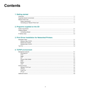 Page 822
Contents
1. Getting started
Introduction .....................................................................................................................................................................  1.1
Supported network environments ...................................................................................................................................  1.1
Network Printer Card...