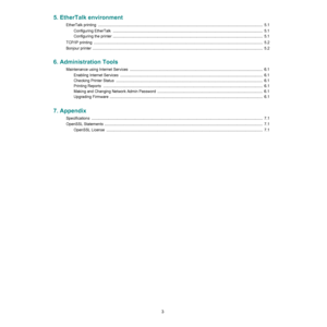 Page 833
5. EtherTalk environment
EtherTalk printing  ...........................................................................................................................................................  5.1
Configuring EtherTalk  .............................................................................................................................................  5.1
Configuring the printer...