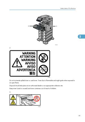 Page 212
Do not incinerate spilled toner or used toner. Toner dust is flammable and might ignite when exposed to
an open flame.
Disposal should take place at an authorized dealer or an appropriate collection site.
Keep toner (used or unused) and toner containers out of reach of children.
3
Safety Labels of This Machine
19
Downloaded From ManualsPrinter.com ManualsCFE019
23 CFE006 CFE003 3  