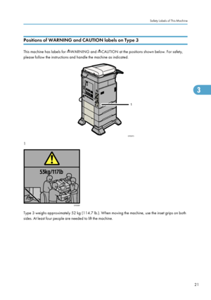 Page 23Positions of WARNING and CAUTION labels on Type 3
This machine has labels for WARNING and CAUTION at the positions shown below. For safety,
please follow the instructions and handle the machine as indicated.
1
Type 3 weighs approximately 52 kg (114.7 lb.). When moving the machine, use the inset grips on both
sides. At least four people are needed to lift the machine.
Safety Labels of This Machine
21
Downloaded From ManualsPrinter.com Manuals  CFE073
1 CFE004 3  