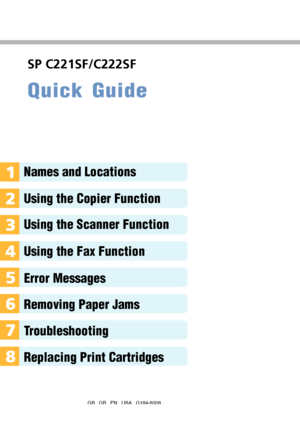 Page 36Quick Guide
Names and Locations
Using the Copier Function
Using the Scanner Function
Using the Fax Function
Error Messages
Removing Paper Jams
Troubleshooting
Replacing Print Cartridges
GB   GB   EN   USA   G184-8508
SP C221SF/C222SF
Downloaded From ManualsPrinter.com Manuals 