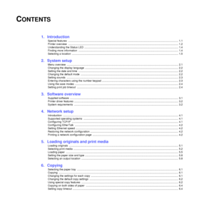 Page 3
CONTENTS
1.  Introduction
Special features  ...................................................................................................................................................... 1.1
Printer overview  .............................................................................................................. ........................................ 1.2
Understanding the Status LED ..........