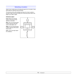 Page 131.5   
Selecting a location
Select a level, stable place with adequate space for air circulation. Allow 
extra space for opening covers and trays. 
The area should be well-ventilated and away from direct sunlight or 
sources of heat, cold, and humidity. Do not set the printer close to the 
edge of your desk or table.
Clearance space
Front: 482.6 mm (enough 
space so that trays can be 
opened or removed)
Back: 320 mm (enough space 
to allow opening of the rear 
cover or the duplex unit)
Right: 100 mm...