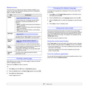 Page 202.7   
Network menu
This menu lets you configure the network interface installed in your 
printer. You can reset the network interface and print a configuration 
page. For details, see page 4.1.
Printing a demo page
After setting up your printer, print a demo page to make sure that the 
printer is operating correctly.
Press and hold Demo for about 2 seconds.
Or,
1Press Menu and then OK when 1. Information appears.
2Press the Scroll buttons until Demo Page appears and press OK.
3Press OK when Ye s...
