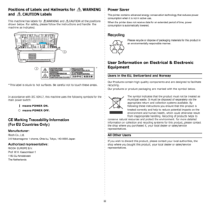 Page 7iii
Positions of Labels and Hallmarks for  WARNING 
and CAUTION Labels
This machine has labels for  WARNING and  CAUTION at the positions 
shown below. For safety, please follow the instructions and handle  the 
machine as indicated.
*This label is stuck to hot surfaces. Be careful not to touch these areas.
In accordance with IEC 60417, this machine uses the following symbols for the 
main power switch: 
 means POWER ON.
 means POWER OFF.
CE Marking Traceability Information
(For EU Countries Only.)...