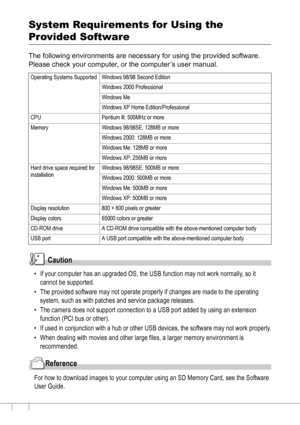 Page 140138
System Requirements for Using the 
Provided Software
The following environments are necessary for using the provided software.
Please check your computer, or the computer’s user manual.
Caution
• If your computer has an upgraded OS, the USB function may not work normally, so it 
cannot be supported.
• The provided software may not operate properly if changes are made to the operating 
system, such as with patches and service package releases.
• The camera does not support connection to a USB port...