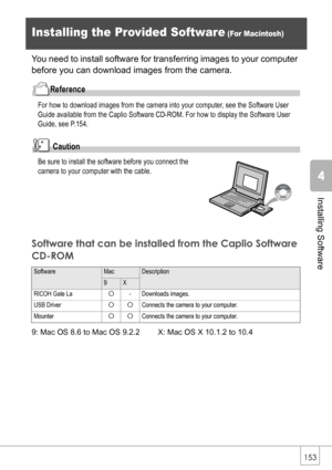 Page 155153
Installing Software
Installing the Provided Software (For Macintosh)
You need to install software for transferring images to your computer 
before you can download images from the camera.
Reference
For how to download images from the camera into your computer, see the Software User 
Guide available from the Caplio Software CD-ROM. For how to display the Software User 
Guide, see P.154.
Caution
Be sure to install the software before you connect the 
camera to your computer with the cable.
Software...