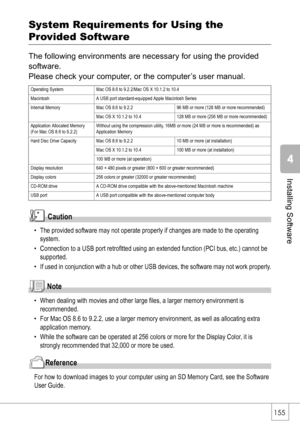 Page 157155
Installing Software
System Requirements for Using the 
Provided Software
The following environments are necessary for using the provided 
software.
Please check your computer, or the computer’s user manual.
Caution
• The provided software may not operate properly if changes are made to the operating 
system.
• Connection to a USB port retrofitted using an extended function (PCI bus, etc.) cannot be 
supported.
• If used in conjunction with a hub or other USB devices, the software may not work...