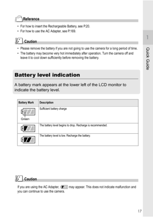 Page 1917
Quick Guide
Reference
• For how to insert the Rechargeable Battery, see P.20.
• For how to use the AC Adapter, see P.169.
Caution
• Please remove the battery if you are not going to use the camera for a long period of time.
• The battery may become very hot immediately after operation. Turn the camera off and 
leave it to cool down sufficiently before removing the battery.
Batter y level indication
A battery mark appears at the lower left of the LCD monitor to 
indicate the battery level. 
Caution
If...