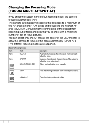 Page 6664
Changing the Focusing Mode 
(FOCUS: MULTI AF/SPOT AF)
If you shoot the subject in the default focusing mode, the camera 
focuses automatically (AF).
The camera automatically measures the distances to a maximum of 
five AF areas among 17 AF areas and focuses to the nearest AF 
area (MULTI AF), preventing the central area of the subject from 
becoming out of focus and allowing you to shoot with a minimum 
number of out-of-focus pictures.
You can select only one AF area at the center of the LCD monitor...