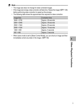 Page 137135
Other Playback Functions3 Note ----------------------------------------------------------------------------------------------
•The image size does not change for skew corrected images.
•If the image size is large, skew correction will take time. Resize the image (GP.126) 
before performing skew correction to speed up the process.
•The following table shows the approximate time required for skew correction.
•When scene mode is set to [Skew Correct Mode], you can shoot an image and then 
immediately...