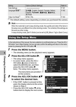 Page 156154
Changing Camera Settings5
(*)The default setting varies depending on where you purchased the camera.
Note ----------------------------------------------------------------------------------------------When the mode dial is set to easy shooting mode, the quantity and order of the items in 
the setup menu are different from other shooting modes. The contents of the settings are 
the same as other modes.
In easy shooting mode, [Set Fn Button] can be set to [Off], [Macro Trgt] or [Back.Comp.].
1Press the...