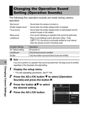 Page 168166
Changing Camera Settings5The following five operation sounds are made during camera 
operation.
Note ----------------------------------------------------------------------------------------------If you try to perform an operation that cannot be performed, the beep sound is emitted 
regardless of the [Operation Sounds] setting.
1Display the setup menu.
• For the operating procedure, see P.154.
2Press the ADJ./OK button  to select [Operation 
Sounds] and press the button $.
3Press the button ! to...