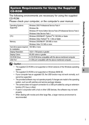 Page 187185
6
Downloading Images to Your Computer
The following environments are necessary for using the supplied 
CD-ROM.
Please check your computer, or the computer’s user manual.
Caution------------------------------------------------------------------------------------------
•The supplied CD-ROM is not supported on 64-bit versions of the Windows operating 
system.
•The supplied CD-ROM is not supported on Windows 98/98 SE.
•If your computer has an upgraded OS, the USB function may not work normally, so it...