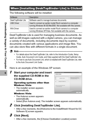 Page 192190
6
Downloading Images to Your Computer
The following software will be installed:
DeskTopBinder Lite is used for managing business documents. As 
well as still images captured with a digital camera, you can manage 
a variety of documents, including documents input by scanner, 
documents created with various applications and image files. You 
can also store files with different formats in a single document.
Note...