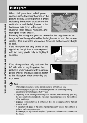 Page 6664
If you are using the camera for the first time, read this section.
When Histogram is on, a histogram 
appears in the lower right corner on the 
picture display. A histogram is a graph 
indicating the number of pixels on the 
vertical axis and the brightness on the 
horizontal axis (from left to right, 
shadows (dark areas), midtones, and 
highlights (bright areas)).
By using the histogram, you can determine the brightness of an 
image without being affected by the brightness around the picture...