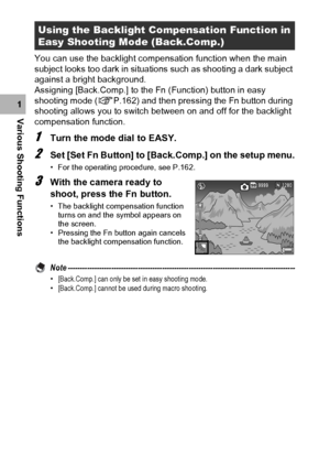 Page 7876
Various Shooting Functions1You can use the backlight compensation function when the main 
subject looks too dark in situations such as shooting a dark subject 
against a bright background.
Assigning [Back.Comp.] to the Fn (Function) button in easy 
shooting mode (GP.162) and then pressing the Fn button during 
shooting allows you to switch between on and off for the backlight 
compensation function.
1Turn the mode dial to EASY.
2Set [Set Fn Button] to [Back.Comp.] on the setup menu.
• For the...