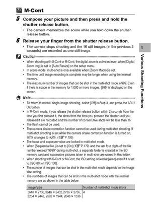 Page 9391
Various Shooting Functions1
 M-Cont
5Compose your picture and then press and hold the 
shutter release button.
• The camera memorizes the scene while you hold down the shutter 
release button.
6Release your finger from the shutter release button.
• The camera stops shooting and the 16 still images (in the previous 2 
seconds) are recorded as one still image.
Caution------------------------------------------------------------------------------------------•When shooting with S-Cont or M-Cont, the...