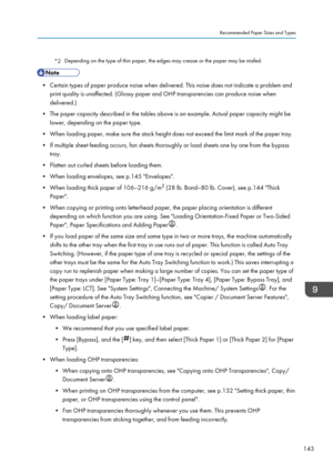 Page 145*2
Depending on the type of thin paper, the edges may crease or the paper may be misfed. • Certain types of paper produce noise when delivered. This noise does not indicate a problem and
print quality is unaffected. (Glossy paper and OHP transparencies can produce noise when
delivered.)
• The paper capacity described in the tables above is an example. Actual paper capacity might be
lower, depending on the paper type.
•
When loading paper, make sure the stack height does not exceed the limit mark of the...