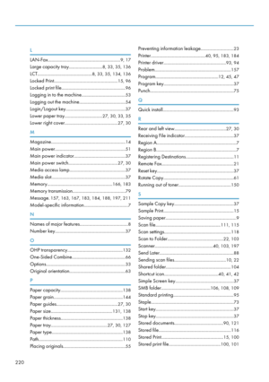 Page 222L
LAN-Fax.............................................................
9, 17
Large capacity tray............................ 8, 33, 35, 136
LCT.............................................. 8, 33, 35, 134, 136
Locked Print..................................................... 15, 96
Locked print file...................................................... 96
Logging in to the machine..................................... 53
Logging out the machine .......................................54
Login/Logout key...
