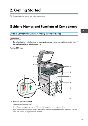 Page 292. Getting Started
This chapter describes how to start using this machine.
Guide to Names and Functions of Components Guide to Components  (mainly Europe and Asia)
• Do not obstruct the ventilation holes by placing objects near them or leaning things against them. If
the machine overheats, a fault might occur.
Front and left view 1. Exposure glass cover or ADF
(The illustration shows the ADF.)
Lower the exposure glass cover or the ADF over originals placed on the exposure glass.
If you load a stack of...