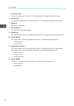 Page 365. Lower paper trays
Consists of two paper trays. Holds up to 1,100 sheets of paper. Each paper tray holds 550 sheets.
6. Internal tray 2
If you select this as the output tray, copied/printed paper or fax messages are delivered here face down.
7.
Bridge unit
Relays paper to the finisher.
8. Internal shift tray Sorts and stacks multiple sheets of paper.
9. External tray If you select this as the output tray, copied/printed paper and fax messages are delivered here face down.
10. Finisher SR3120 Sorts,...