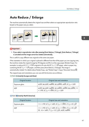 Page 63Auto Reduce / Enlarge
The machine automatically detects the original size and then selects an appropriate reproduction ratio
based on the paper size you select.
• If you select a reproduction ratio after pressing [Auto Reduce / Enlarge], [Auto Reduce / Enlarge]
is canceled and the image cannot be rotated automatically.
This is useful to copy different size originals to the same size paper.
If the orientation in which your original is placed is different from that of the paper you are copying onto,
the...