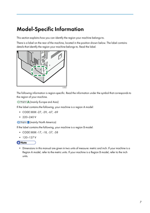 Page 9Model-Specific Information
This section explains how you can identify the region your machine belongs to.
There is a label on the rear of the machine, located in the position shown below. The label contains
details that identify the region your machine belongs to. Read the label.
The following information is region-specific. Read the information under the symbol that corresponds to
the region of your machine.
(mainly Europe and Asia)
If the label contains the following, your machine is a region A model:...