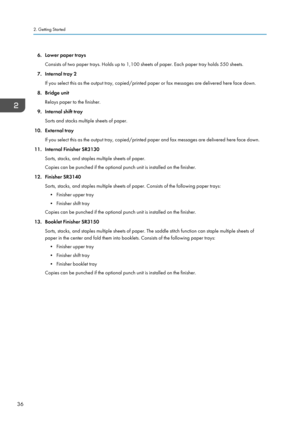 Page 466. Lower paper traysConsists of two paper trays. Holds up to 1,100 sheets of paper. Each paper tray holds 550 sheets.
7. Internal tray 2 If you select this as the output tray, copied/printed paper or fax messages are delivered here face down.
8. Bridge unit Relays paper to the finisher.
9. Internal shift tray Sorts and stacks multiple sheets of paper.
10. External tray If you select this as the output tray, copied/printed paper and fax messages are delivered here face down.
11. Internal Finisher SR3130...
