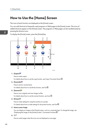 Page 56How to Use the [Home] Screen
The icons of each function are displayed on the [Home] screen.
You can add shortcuts to frequently used programs or Web pages to the [Home] screen. The icons of
added shortcuts appear on the [Home] screen. The programs or Web pages can be recalled easily by
pressing the shortcut icons.
To display the [Home] screen, press the [Home] key.
1. [Copier]
Press to make copies.
For details about how to use the copy function, see Copy/ Document Server
.
2. [Facsimile]
Press to send or...