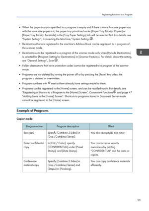 Page 63• When the paper tray you specified in a program is empty and if there is more than one paper traywith the same size paper in it, the paper tray prioritized under [Paper Tray Priority: Copier] or[Paper Tray Priority: Facsimile] in the [Tray Paper Settings] tab will be selected first. For details, see
"System Settings", Connecting the Machine/ System Settings
.
• Destinations that are registered in the machine's Address Book can be registered to a program of the scanner mode.
• Destinations...