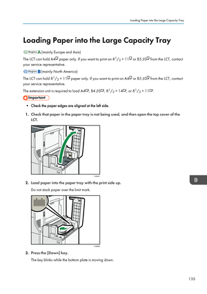 Page 145Loading Paper into the Large Capacity Tray
(mainly Europe and Asia)
The LCT can hold A4
 paper only. If you want to print on 8 1
/ 2 × 11 or B5 JIS from the LCT, contact
your service representative.
(mainly North America)
The LCT can hold 8 1
/ 2 × 11
 paper only. If you want to print on A4 or B5 JIS from the LCT, contact
your service representative.
The extension unit is required to load A4
, B4 JIS, 8 1
/ 2 × 14, or 8 1
/ 2 × 11.
• Check the paper edges are aligned at the left side.
1. Check that paper...