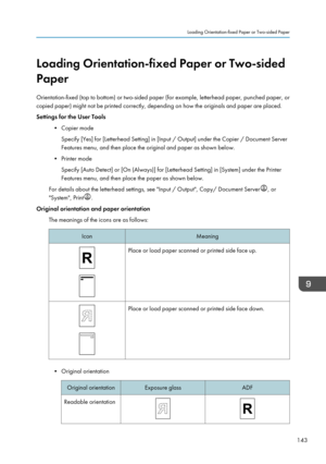 Page 153Loading Orientation-fixed Paper or Two-sided
Paper
Orientation-fixed (top to bottom) or two-sided paper (for example, letterhead paper, punched paper, or
copied paper) might not be printed correctly, depending on how the originals and paper are placed.
Settings for the User Tools
• Copier modeSpecify [Yes] for [Letterhead Setting] in [Input / Output] under the Copier / Document Server
Features menu, and then place the original and paper as shown below.
• Printer mode Specify [Auto Detect] or [On...